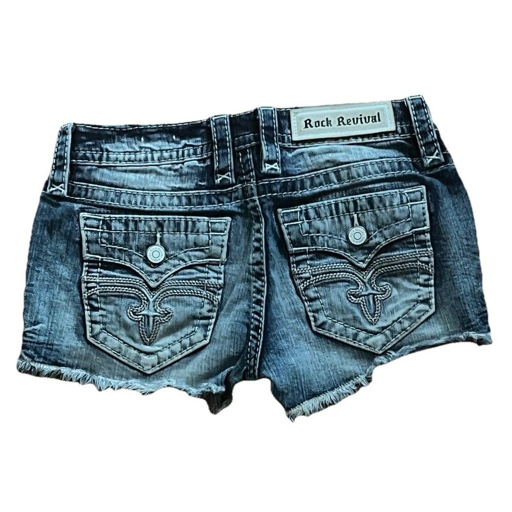 Rock Revival Shorts Jean Y2K Low Rise Cut Off Distressed Rip Raw Hem 26 Festival